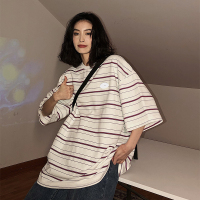 条纹短袖t恤女2021春季新款韩版宽松复古港味bf圆领上衣潮