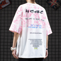 日系原宿风卡通猫咪扎染情侣夏装潮街头宽松oversize短袖t恤男