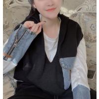 欧货坎肩女连帽无袖背心秋冬新款宽松拼牛仔毛衣外穿针织马甲外套