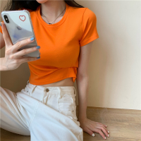 圆领糖果色打底衫女春季短款短袖t恤韩版修身纯色百搭显瘦上衣潮