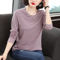 长袖t恤女宽松上衣妈妈装2021早春新款条纹打底衫薄款秋衣