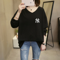 大码女装长袖女宽松300斤加肥加大t恤衫纯棉v领宽松特大码200春秋