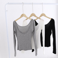春秋超薄款打底衫ins女装长袖低领紧身大u领白t恤贴身上衣