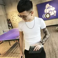 夏季精神小伙网红纯白色短袖t恤男修身圆领紧身衣服韩版2020新款