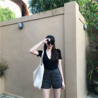 夏装韩版chic修身复古v领百搭泫雅风体恤防晒衫心机短袖t恤女上衣