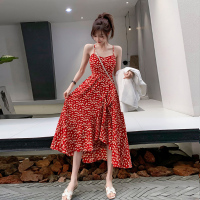 红色v领碎花雪纺连衣裙吊带法式复古女夏小雏菊度假沙滩中长裙子