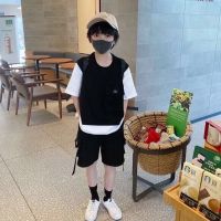 童装男童套装2021夏装新款中大儿童假两件短袖t桖+工装五分短裤子