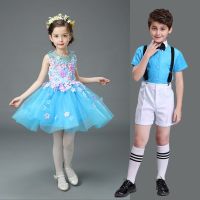 天蓝色六一儿童演出服女童幼儿园舞蹈服合唱蓬蓬裙大班集体表演服