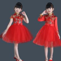 六一儿童喜庆演出服女童红色蓬蓬裙中国风民族舞蹈服装古筝表演服
