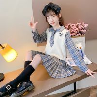 女童连衣裙马甲二件套春秋款中大童时尚学院风套装儿童洋气格子裙