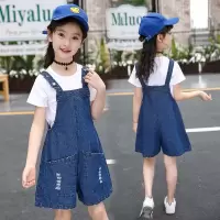 女童套装夏装牛仔背带短裤夏季2021新款洋气中大童儿童女孩短袖潮