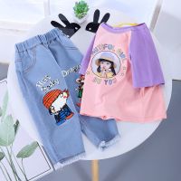 女童套装夏2021新款韩版儿童装中小童t恤牛仔中裤洋气两件套