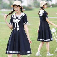 2021新款夏季学院风海军领短袖连衣裙子女学生韩版宽松显瘦中长裙