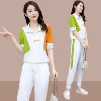 单/大码女装 2021夏季新款运动休闲套装女洋气减龄职业时尚两件套