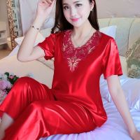 特大码200斤可穿夏季冰丝睡衣女短袖九分裤丝绸套装两件套家居服