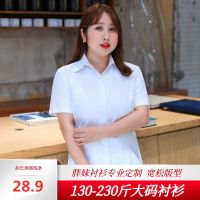 加肥加大大码白色衬衫女v领短袖胖mm200斤正装蓝衬衣上班工装职业