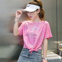 冰丝反光短袖t恤女装夏装2021年新款宽松韩版白t潮下摆打结上衣服