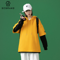 DEBRAND纯棉假两件卫衣女秋冬新款宽松韩版连帽学生外套ins女上衣
