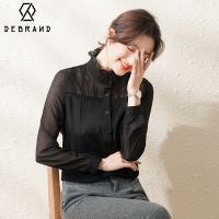 DEBRAND黑色衬衫女长袖2022春夏装新款百搭上衣蕾丝雪纺衫衬衣女