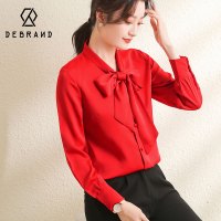 DEBRAND蝴蝶结衬衫女长袖2022春装新款雪纺飘带职业百搭打底上衣