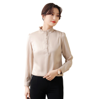 DEBRAND气质雪纺衬衫女长袖2022春秋新款洋气立领职业粉色衬衣