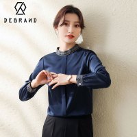 DEBRAND雪纺衫缎面春秋新款刺绣上衣女装气质洋气小衫复古衬衣