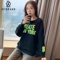 DEBRAND黑色圆领卫衣女士2022年新款春秋装韩版减龄纯棉上衣