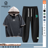 DEBRAND夏季港风连帽短袖套装男潮流男装两件套学生炸街宽松半袖