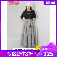 韩都衣舍2021夏新款格子蛋糕假两件收腰夏天显瘦连衣裙女