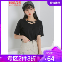 韩都衣舍短袖T恤女2021夏装新款新疆棉镂空小心机锁骨上衣