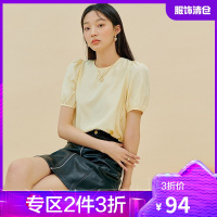 韩都衣舍垂感雪纺衫女2021年夏季新款泡泡系带宽松上衣MX10352