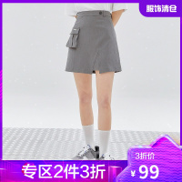 韩都衣舍开叉西装裙半身裙女2021夏季新款口袋气质灰色A字短裙OM82503