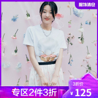 韩都衣舍短袖珍珠贝印花亲肤T恤女2021夏新款宽松圆领直筒上衣UF0352