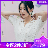 韩都衣舍镂空肌理Polo领针织短袖女2021夏季新款香风短款针织衫女UF0348