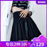 韩都衣舍双卡扣不对称百褶半身裙女2021夏新款机能风高腰A字短裙UF0149