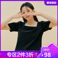 韩都衣舍钉珠方领衬衫女2021夏季新款短款系带镂空上衣MX10361