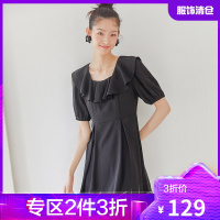 韩都衣舍方领荷叶边连衣裙女2021夏新款短裙法式赫本风泡泡袖短裙PR0423