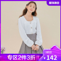 韩都衣舍泡泡袖衬衫女2021春装新款复古设计感方领上衣女OM82307