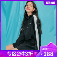 韩都衣舍连帽连衣裙女2021春季新款撞色拼接口袋直筒裙GQ11209