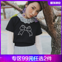 韩都衣舍印花T恤2021夏季新款宽松短款圆领蝴蝶结短袖上衣