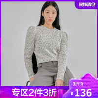 韩都衣舍2021早春新款复古甜美风时尚杂色花纱泡泡袖毛衫女PQ0243