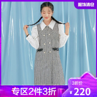 韩都衣舍2021韩版女装春装新款粗花呢假两件泡泡袖连衣裙OM82319