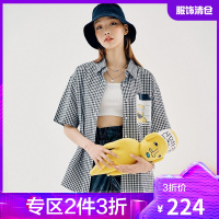 [妙汉联名]韩都衣舍黑白格子衬衫外套女2021夏新款撞色短袖上衣UF0113