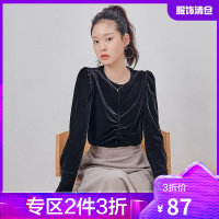 韩都衣舍2021早春新款女装复古上衣设计感小众丝绒长袖衬衫PT9801