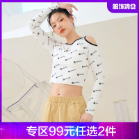 韩都衣舍满印T恤女2021夏季新款韩版设计感露肩短款上衣RE7527