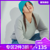 韩都衣舍2021春季新款V领毛衣女宽松外穿港味上衣套头软糯针织衫CQ9721