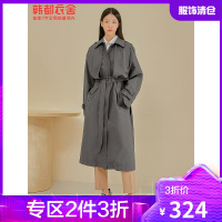 韩都衣舍大衣外套女2021春季新款韩版宽松休闲长款收腰风衣PQ0083