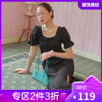 韩都衣舍提花蕾丝连衣裙女2021夏装新款御姐风高腰开叉裙子PR0162