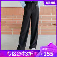 韩都衣舍韩版宽松拖地裤女2021夏季新款直筒金属装饰高腰裤PR9347