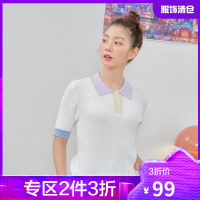 韩都衣舍Polo领短袖针织衫2021夏装新款韩版女装撞色上衣OM83547